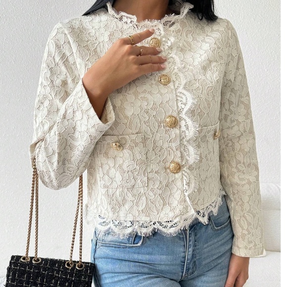 Classic Floral Eyelash Lace Button Frill Neck Lightweight Jacket - Picture 5 of 7